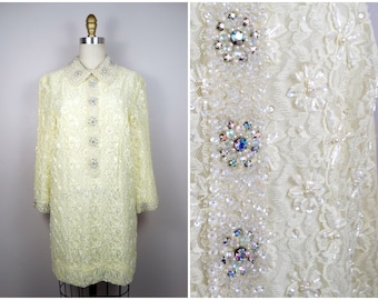 50s 60s Crystal Beaded Mini Dress • Mid Century Pastel Pale Yellow Lace Go-Go Dress • 1960's Iridescent Sequin Rhinestone Dress MCM