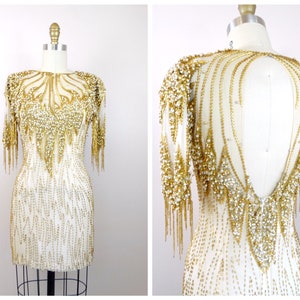 XS/S Gold Fringe Beaded Mini Dress / Pearl Embellished Ivory and Silver Sequin Mini Dress XS Small