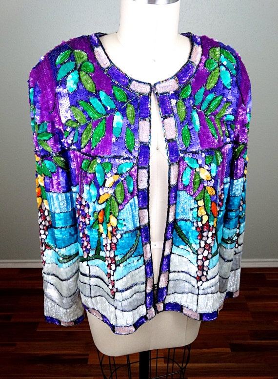 S/M Art Scene Sequined Jacket / Stained Glass Wis… - image 2