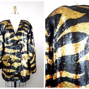 Blazer con lentejuelas de animales salvajes / Chaqueta larga con adornos novedosos / Abrigo vintage con estampado de tigre a rayas y botones dorados tamaño grande