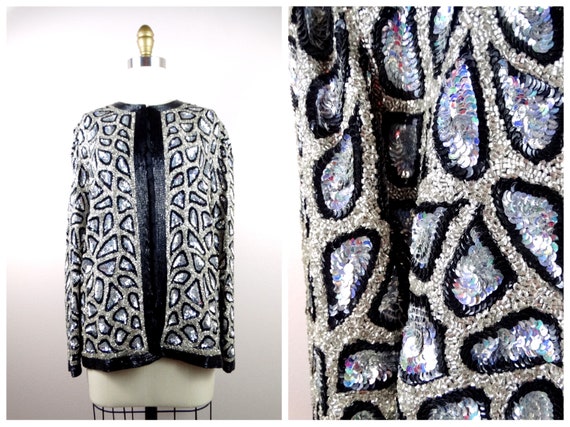 S/M HEAVY Beaded Holographic Sequin Jacket // Iri… - image 7