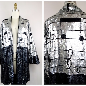 RARE Rockstar Sequin Novelty Duster // Black & Silver Sequined Beaded Musical Notes Long Jacket // Musicians Fully Embellished Coat image 1