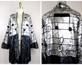 RARE Rockstar Sequin Novelty Duster // Black & Silver Sequined Beaded Musical Notes Long Jacket // Musicians Fully Embellished Coat