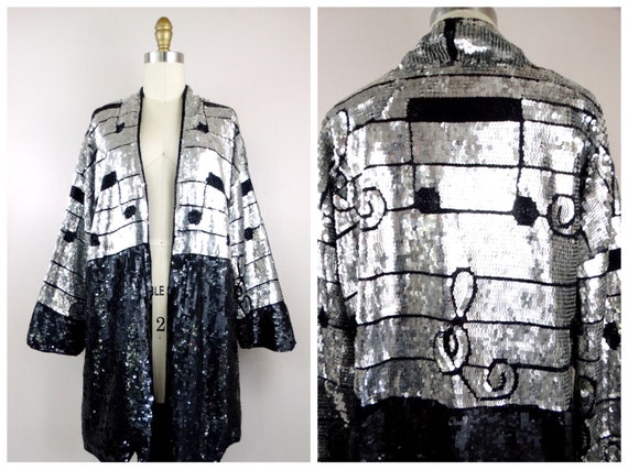 Musical Notes Sequined Novelty Kimono Jacket // Bl