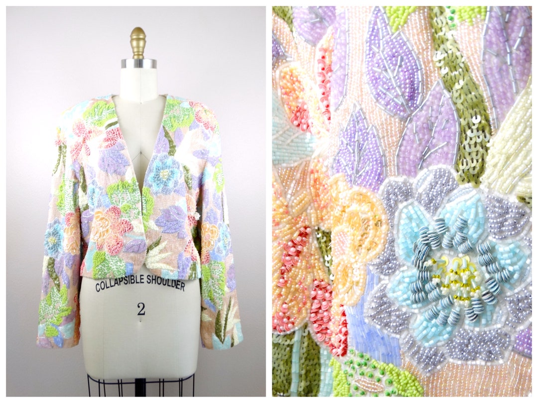 HEAVILY Beaded Jacket / Pastel Pearl Beaded Sequin Floral Cardigan