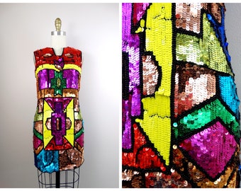 90s Color Block Sequin Dress / Bright Embellished Mini Dress / Colorful Vintage Sequined Beaded Trophy Dress Small