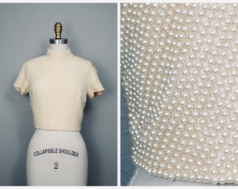 RARE Ivory Pearl Beaded Crop Top // HEAVILY Embellished Top w/ Faux Pearls