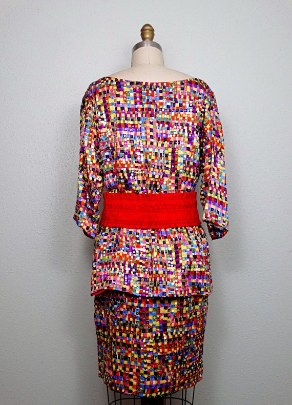 RAINBOW Grid Sequined Skirt / Colorful Colorblock… - image 5