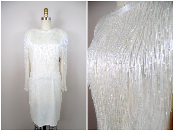 princess polly baby blue dress VTG Glass Beaded Fringe Dress / Heavily Embellished Iridescent Sparkly  Short Wedding Dress