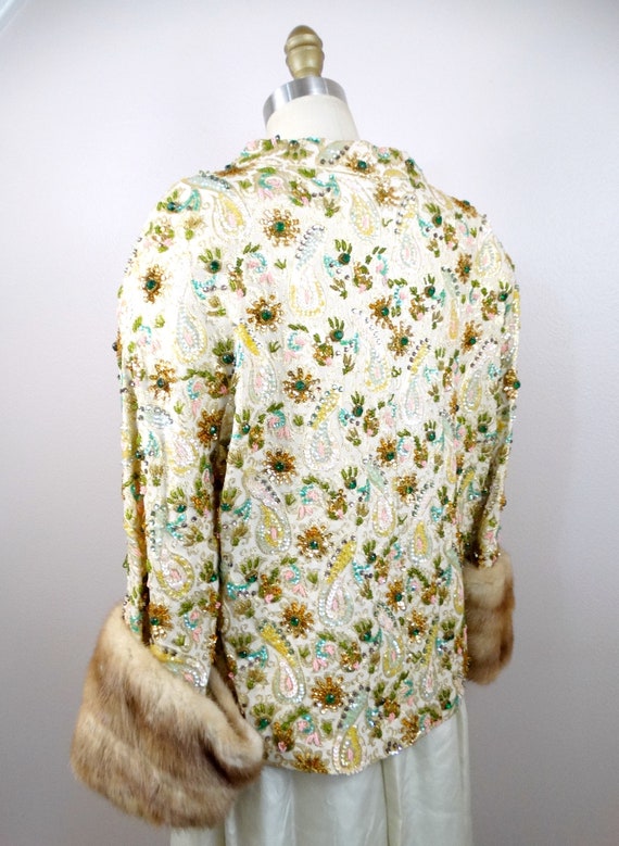 50s Crystal Encrusted Sequin Jacket w/ Mink Fur C… - image 4