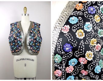 VTG 3D Floral Sequin Vest // Pastel Sequined Crop Open Bolero Shrug w/ Floral Clusters