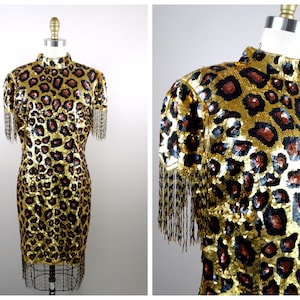 80s Wild Glam Sequin Dress // Fringe Beaded Leopard Print Fully Embellished Dress // 80’s Animal Print Gold Sequined Dress Large XL
