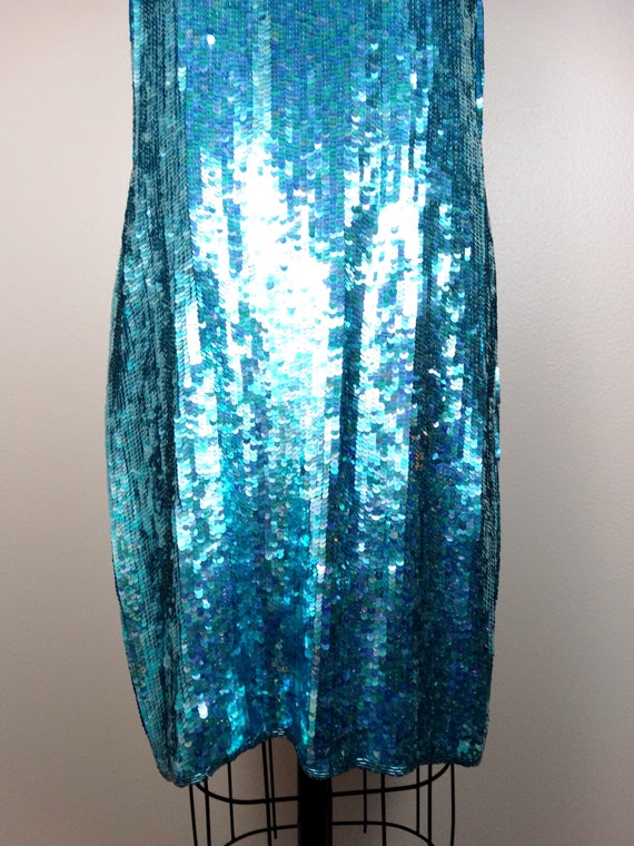 L/XL Designer Couture Sequined Dress / Bright Tur… - image 3