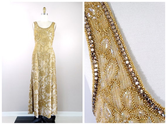 HEAVY Crystal Encrusted Rhinestone Gown Vintage Couture Gold Beaded Iridescent Sequin Dress W Crystals Etsy