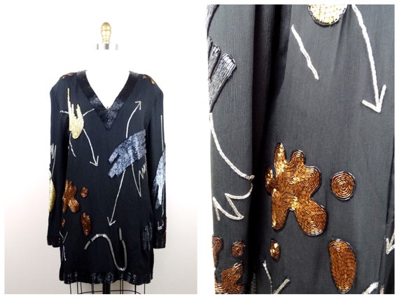 M | VTG Glass Beaded Top // Heavily Embellished Bl