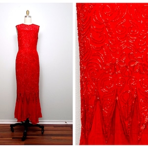 XS / S Rote Perlen Abendkleid / Vintage Seide verzierte Kleid / Great Gatsby Abendkleid