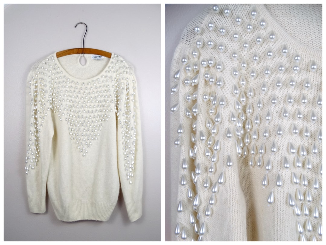 pearled stitch tricot sweater ivory navy main image 1
