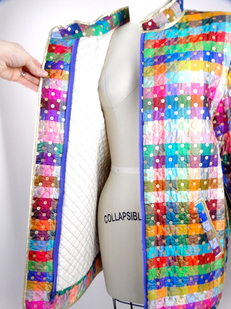 GEOFFREY BEENE Sequined Jacket / Rainbow Color Block Silk Gold Sequin Embellished Quilted Coat image 3