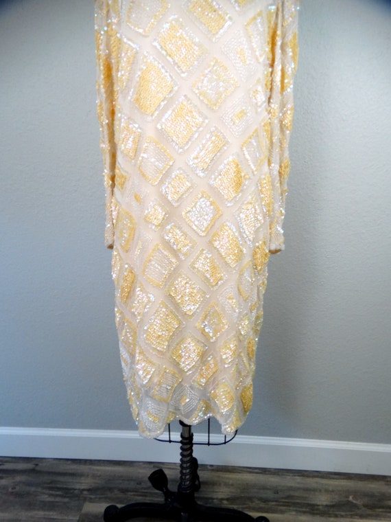 Iridescent Peach Sequin Dress / Cream Sequined Be… - image 4