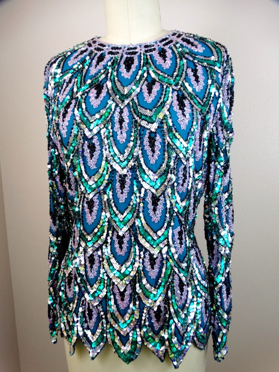 Dazzling Sequined Top // Sparkling Teal Turquoise… - image 2