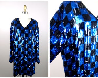 VTG Fully Sequin Tunic / Oversized Retro Black and Blue Checker Sequined Long Top or Mini Dress