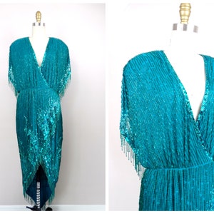 Bob Mackie Jewel Beaded Fringe Wrap Dress / Art Deco Vintage Couture Embellished Sequined Turquoise Jade Green Gown