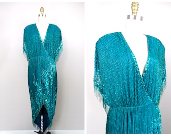 Bob Mackie Jewel Beaded Fringe Wrap Dress / Art Deco Vintage Couture Embellished Sequined Turquoise Jade Green Gown