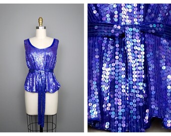 Vintage Indigo Pailletten Ärmelloses Top, Lila Perlen Seidenschärpe (Größe S)