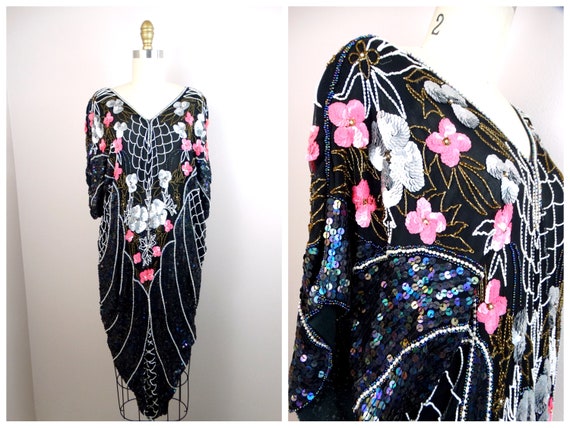 Vintage Floral Sequined Kaftan Dress // Oversized… - image 1
