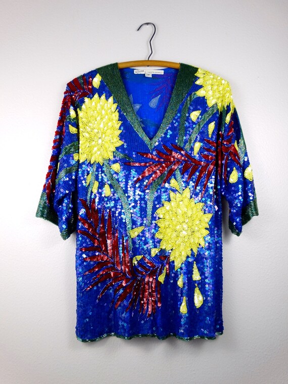 VTG Silk Beaded Sequin Top / Blue Red and Yellow … - image 2