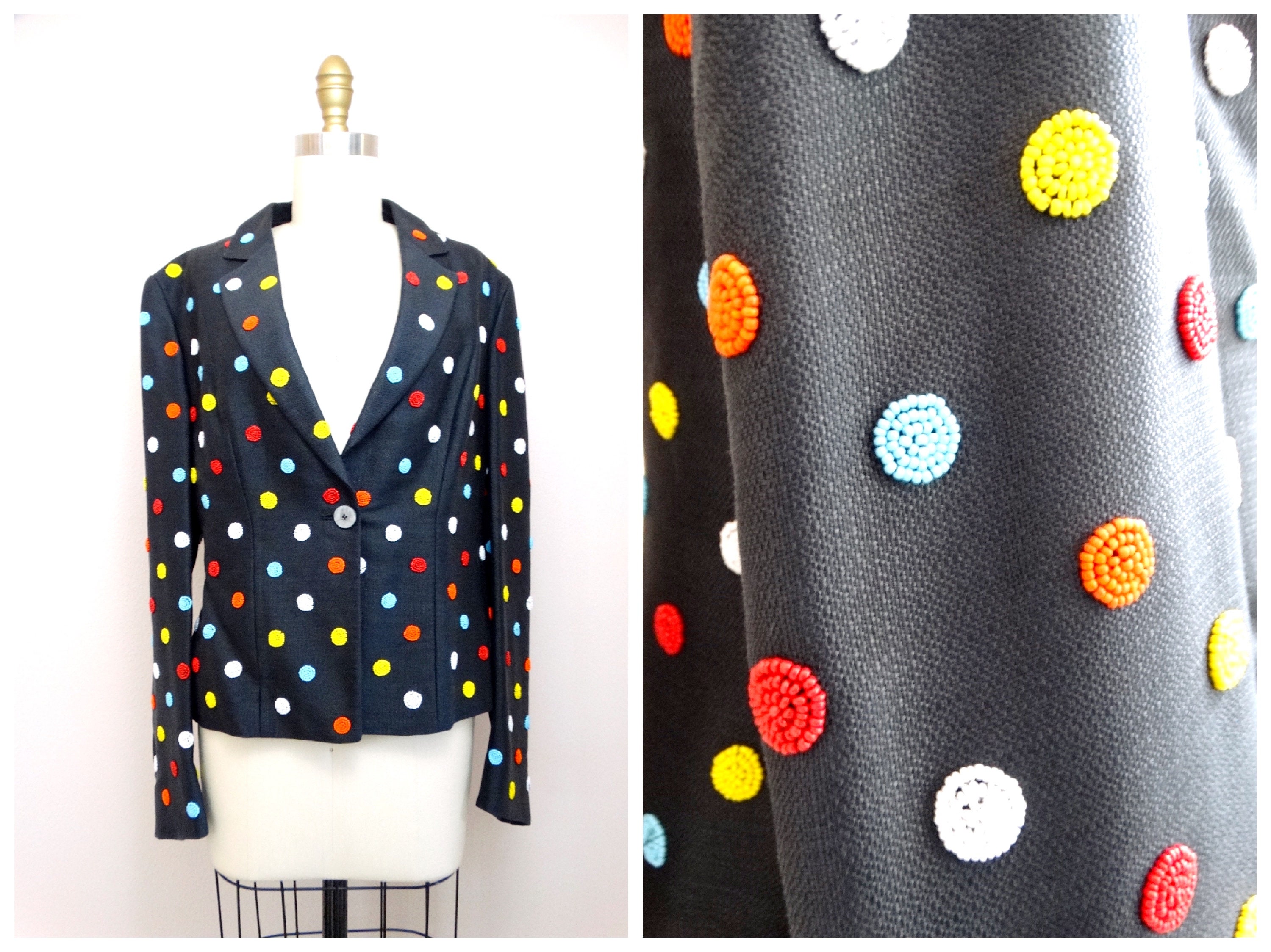 90s MOSCHINO Beaded Blazer / Retro Polka Dot Bead Embellished 