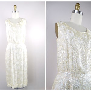50s Ivory Sequined Beaded Dress // 1950's Iridescent Sequin Embellished Dress // Vintage Sequined Slip Dress