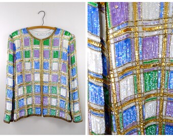 M/L Iridescent Sequined Blazer / Green Blue Purple and Gold Sequin Jacket / Plaid Checkered Colorblock Jacket