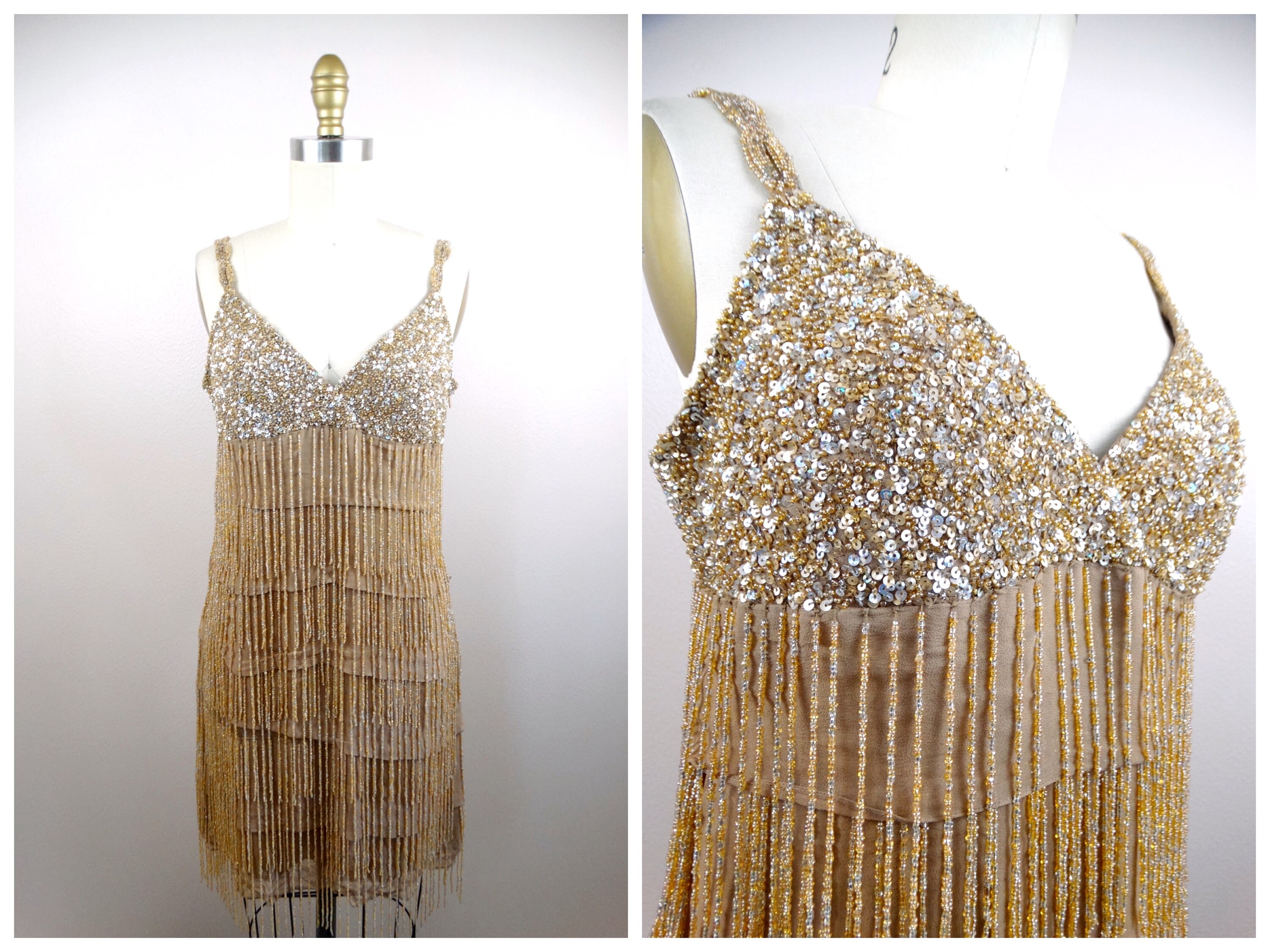 Dark Beige Fringe Beaded Mini Dress Tan Almond Tassel Bead Embellished Silver Sequined Dress Etsy Canada