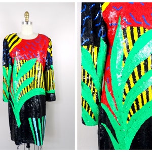EXOTIC Abstract Sequined Dress / Bright Neon Palm Leaves Novelty Dress / Retro Sequin Scene Novelty Dress image 10