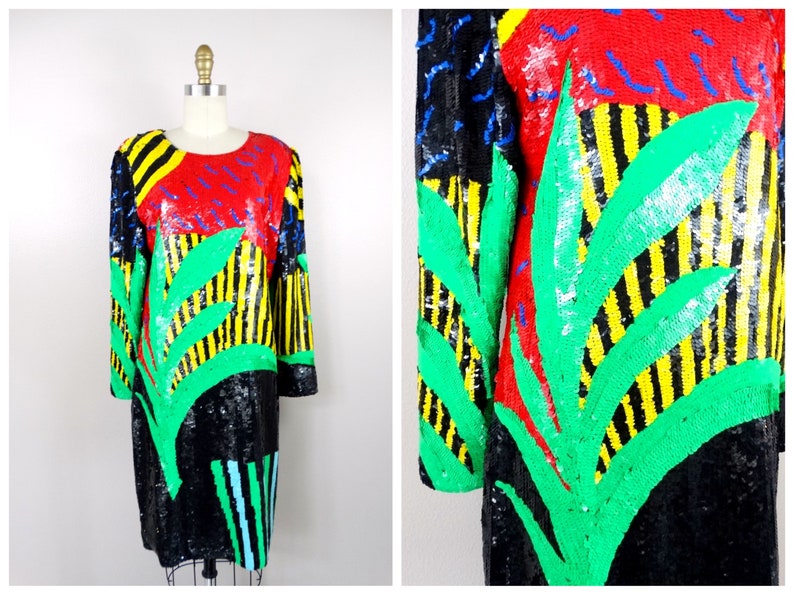 EXOTIC Abstract Sequined Dress / Bright Neon Palm Leaves Novelty Dress / Retro Sequin Scene Novelty Dress image 10