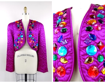 Jewel Embellished GLAM Cardigan / Pink Jeweled Shrug / Colorful Bejeweled Bolero / Rainbow Jewel Beaded Cropped Jacket