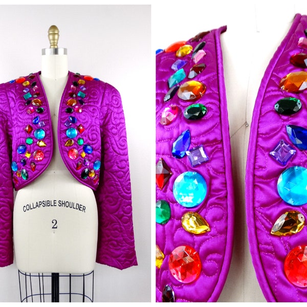 Jewel Embellished GLAM Cardigan / Pink Jeweled Shrug / Colorful Bejeweled Bolero / Rainbow Jewel Beaded Cropped Jacket