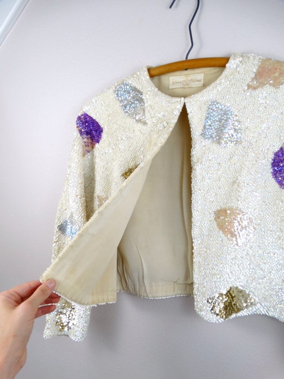 50s Sequin Mini Cardigan / 1950's Iridescent Ivor… - image 3