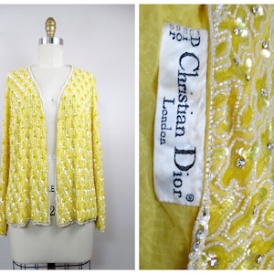 Christian Dior 60s Vintage Crystal Embellished Sequin Cardigan // RARE 1960’s Designer Haute Couture Rhinestone Beaded Yellow Jacket Shrug
