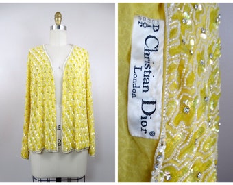 Christian Dior 60s Vintage Crystal Embellished Sequin Cardigan // RARE 1960’s Designer Haute Couture Rhinestone Beaded Yellow Jacket Shrug