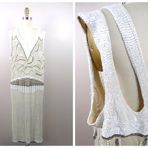 Ivory Silk Beaded Dress / Milk White Pearl Flapper Dress