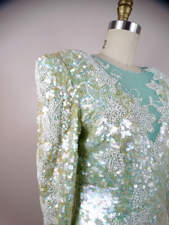 RARE Seafoam Sequin Gown / Iridescent Mint Aqua Pastel Green Turquoise Pearl Beaded Dress RARE Seafoam Sequin Gown / Iridescent Mint Aqua Pastel Green Turquoise Pearl Beaded Dress