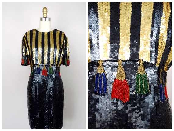 black and gold striped sequin dress Scala 80111 Prom Fitted Long Formal Striped Sequin Evening Dress main image 0
