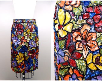 RARE Couture Designer Beaded Skirt // Vintage Sequin Floral Skirt by Amen Wardy