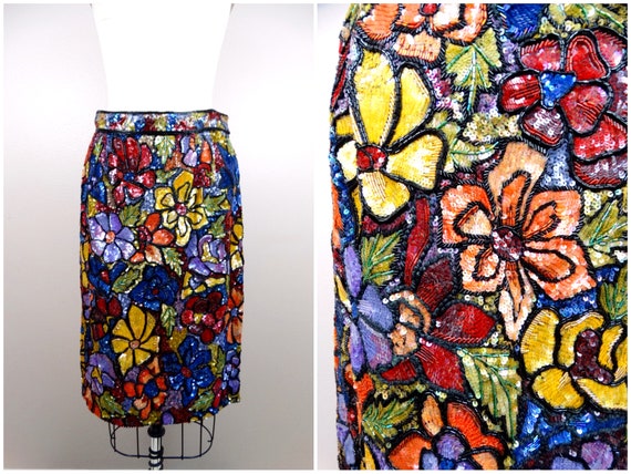 RARE Couture Designer Beaded Skirt // Vintage Seq… - image 1