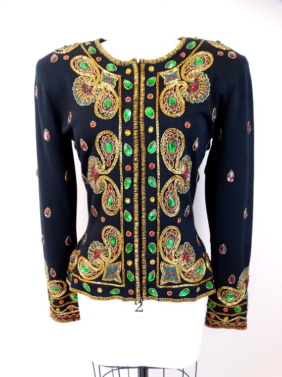 90s Ornate Jewel Beaded Fitted Jacket / Couture J… - image 2