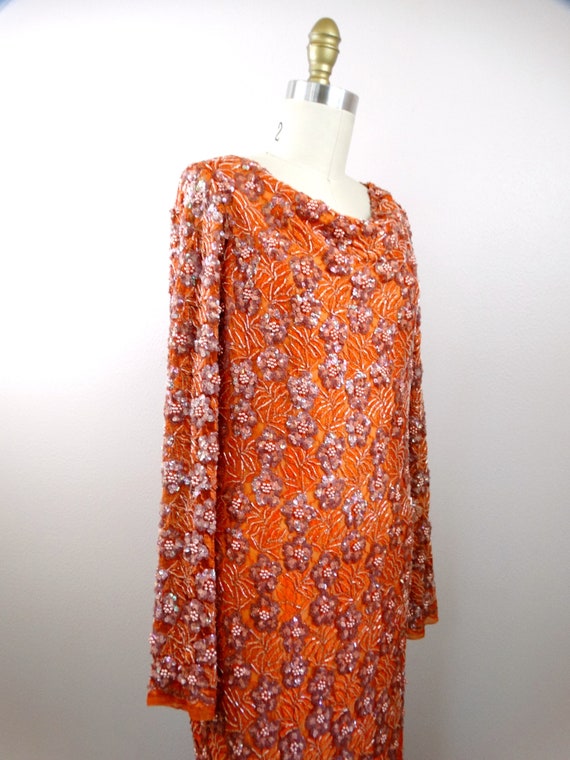 60s Orange Lace Pink Sequined Beaded Gown / 1960'… - image 2