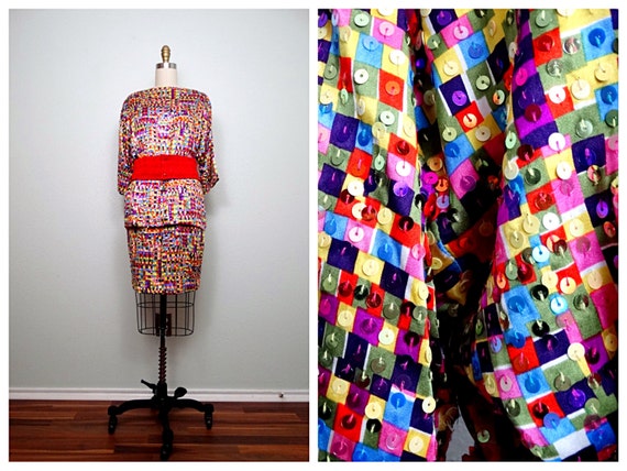 RAINBOW Grid Sequined Skirt / Colorful Colorblock… - image 1