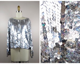 L/XL Holographic Sequined Cardigan Top // Iridescent Silver Sequin Jacket // Mirror Sequined Sparkly Glam Jacket